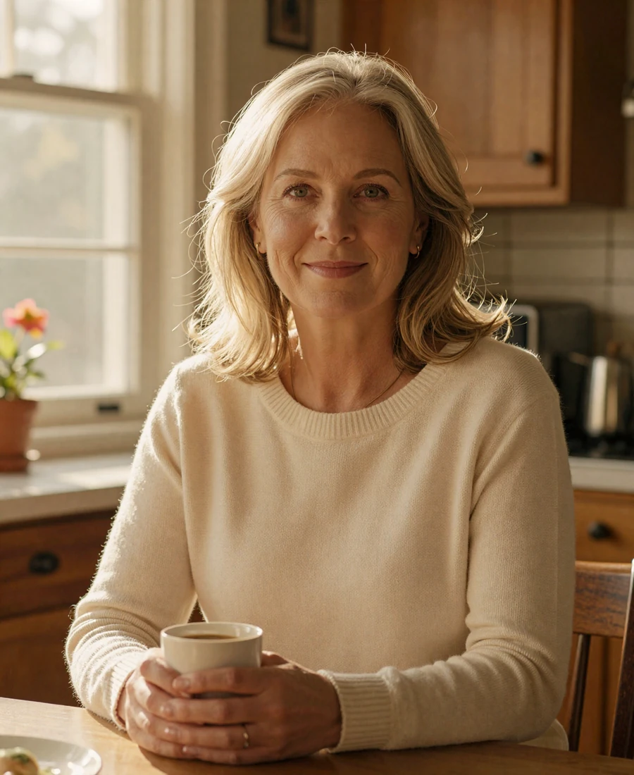 Mature American woman in her fifties smiling warmly by a sunlit window, representing genuine Dremeet members seeking serious relationships