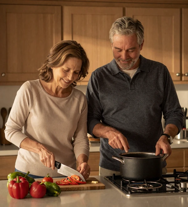 Mature American couple cooking together in a warm home kitchen, sharing a relaxed evening at home
