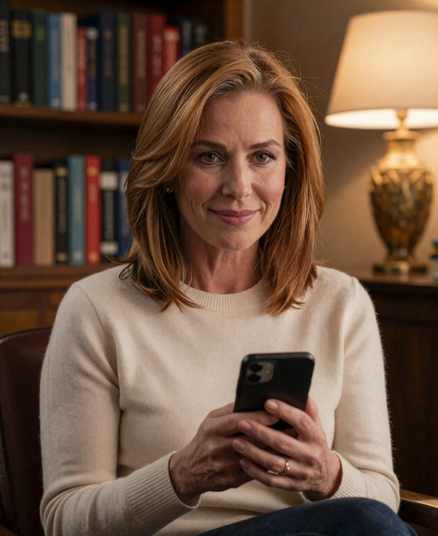 Mature American woman in her fifties reviewing her verified Dremeet profile on a smartphone in a softly lit home study