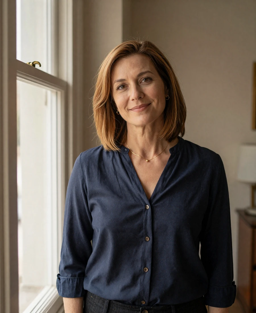 Mature American woman in a navy blouse smiling by a bright window, representing the calm and trustworthy feel of Dremeet