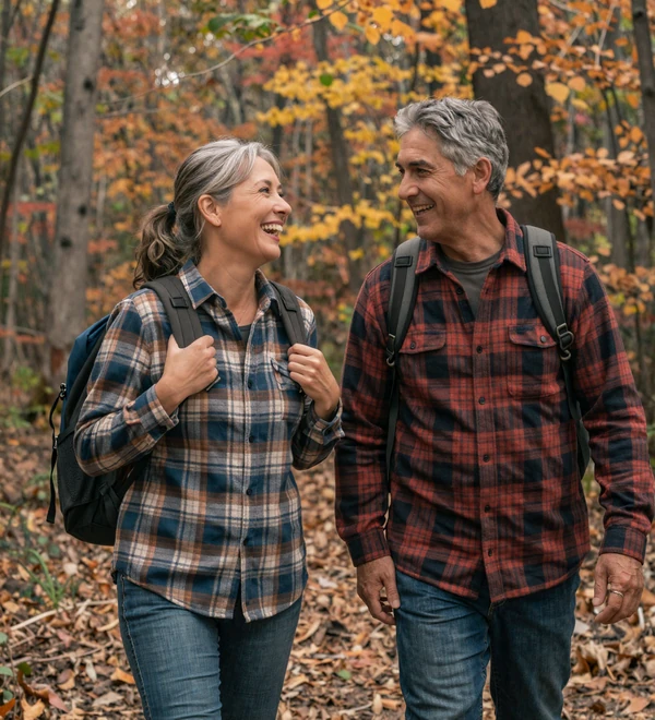 Older American couple hiking together through autumn woods, laughing in warm flannel shirts on a fall day