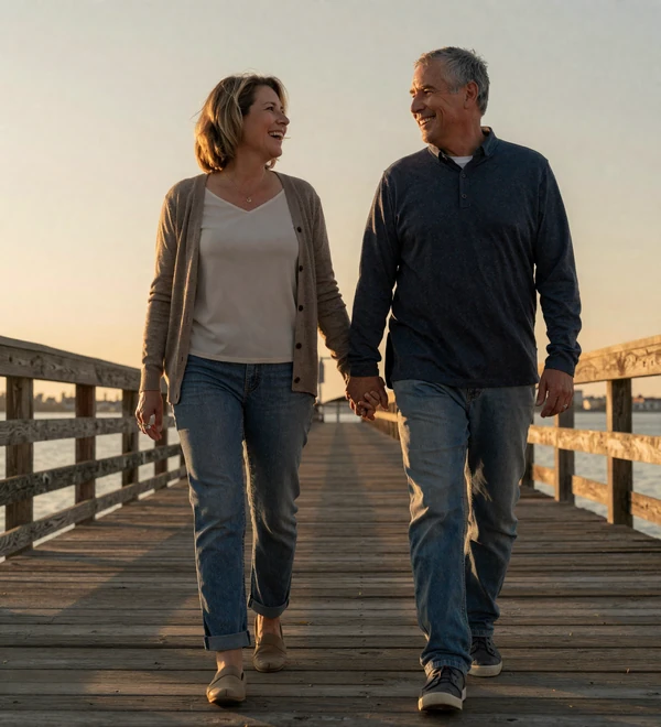 Mature American couple in their fifties walking together at sunset on a wooden pier, holding hands and laughing