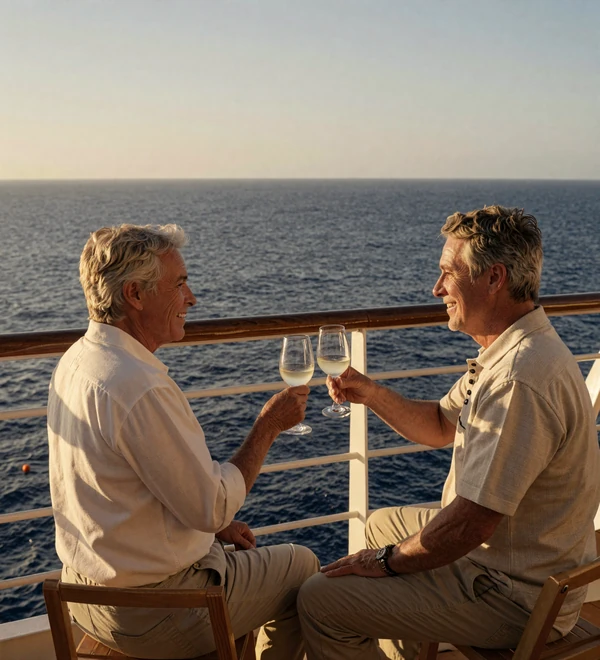 Mature Dremeet couple toasting on a cruise ship balcony at golden hour with the ocean behind them
