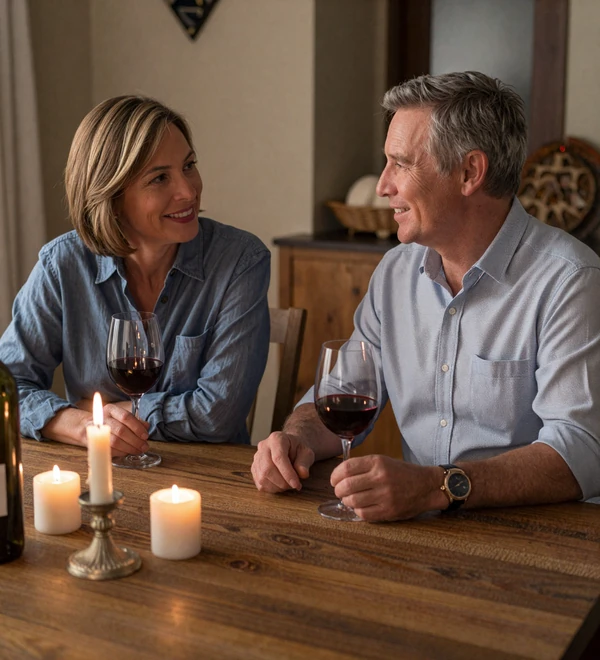 Mature American couple sharing wine and conversation at a candlelit dinner table in a warm home setting