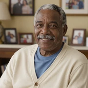 Walter, a 65-year-old Dremeet member from North Carolina, smiling warmly in a cream cardigan in his living room
