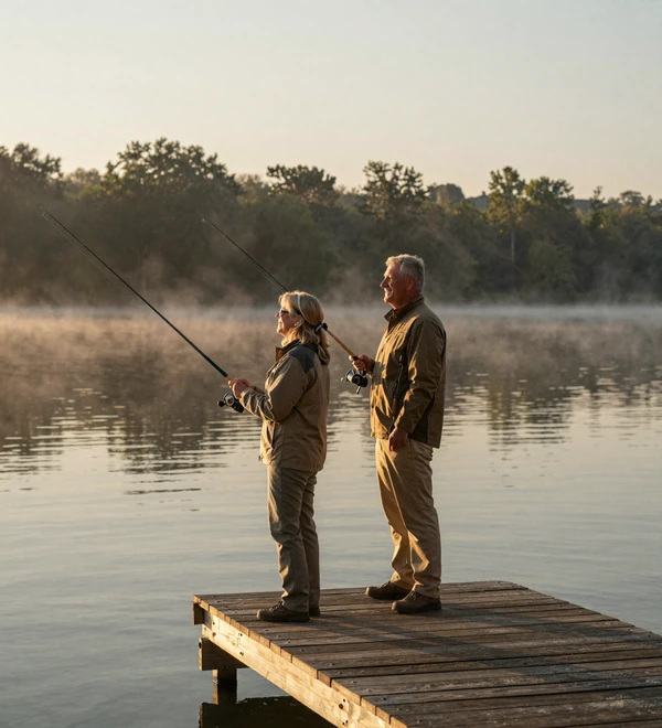 Mature Dremeet couple fishing together at sunrise from a quiet lake dock in warm jackets