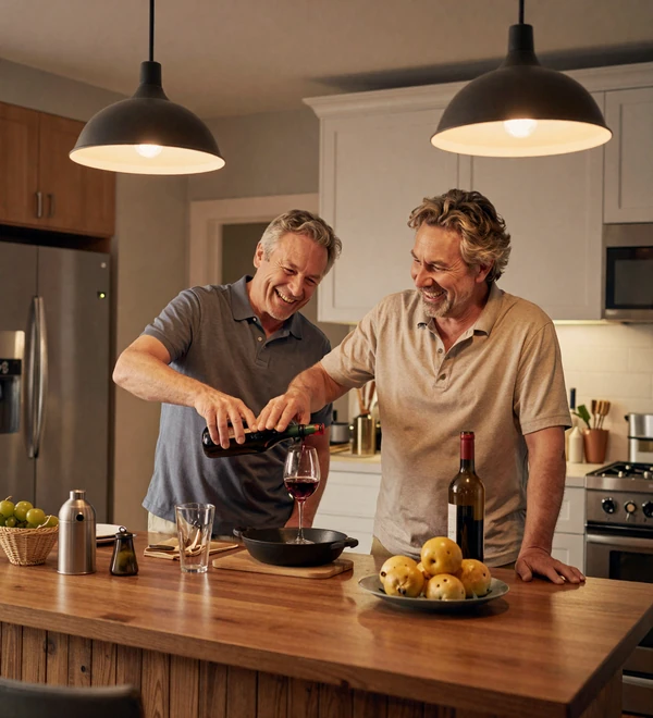 Mature Dremeet couple cooking and pouring wine together at a warm home kitchen island
