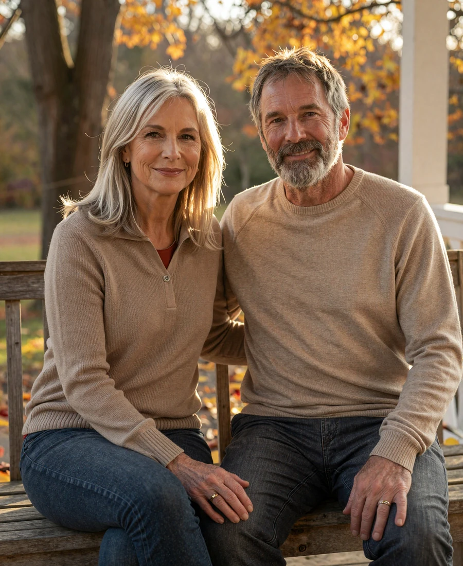Carol and Frank, a Dremeet success-story couple in their late fifties, sitting close on an autumn porch bench in warm golden light