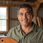Michael, a 54-year-old Latino Dremeet member from Pennsylvania, smiling in an olive work shirt inside his woodworking barn