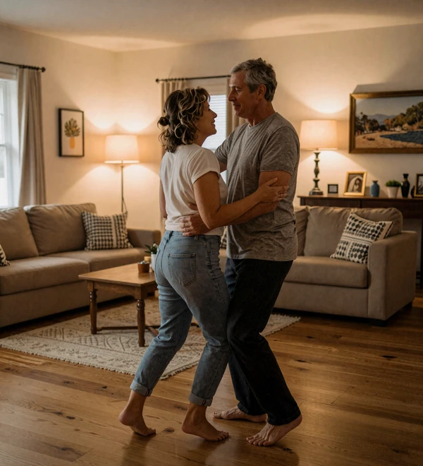Mature Dremeet couple dancing slowly in a warmly lit living room in casual evening clothes